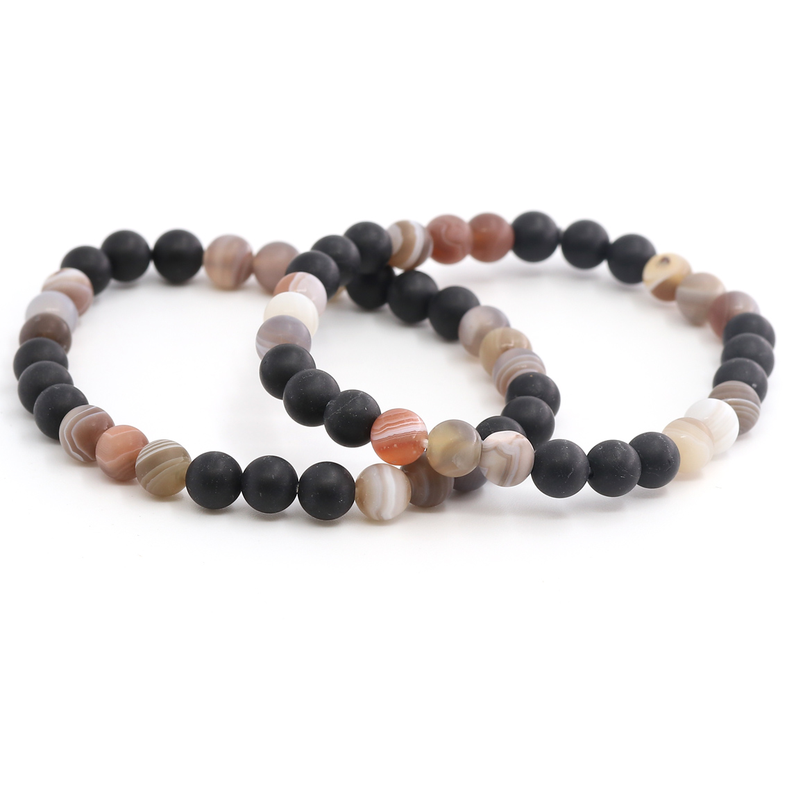 Bild von Turmalin (Schörl) mit Botswana Achat Kugeln  6mm (3x3 Kugeln) Armband, matt